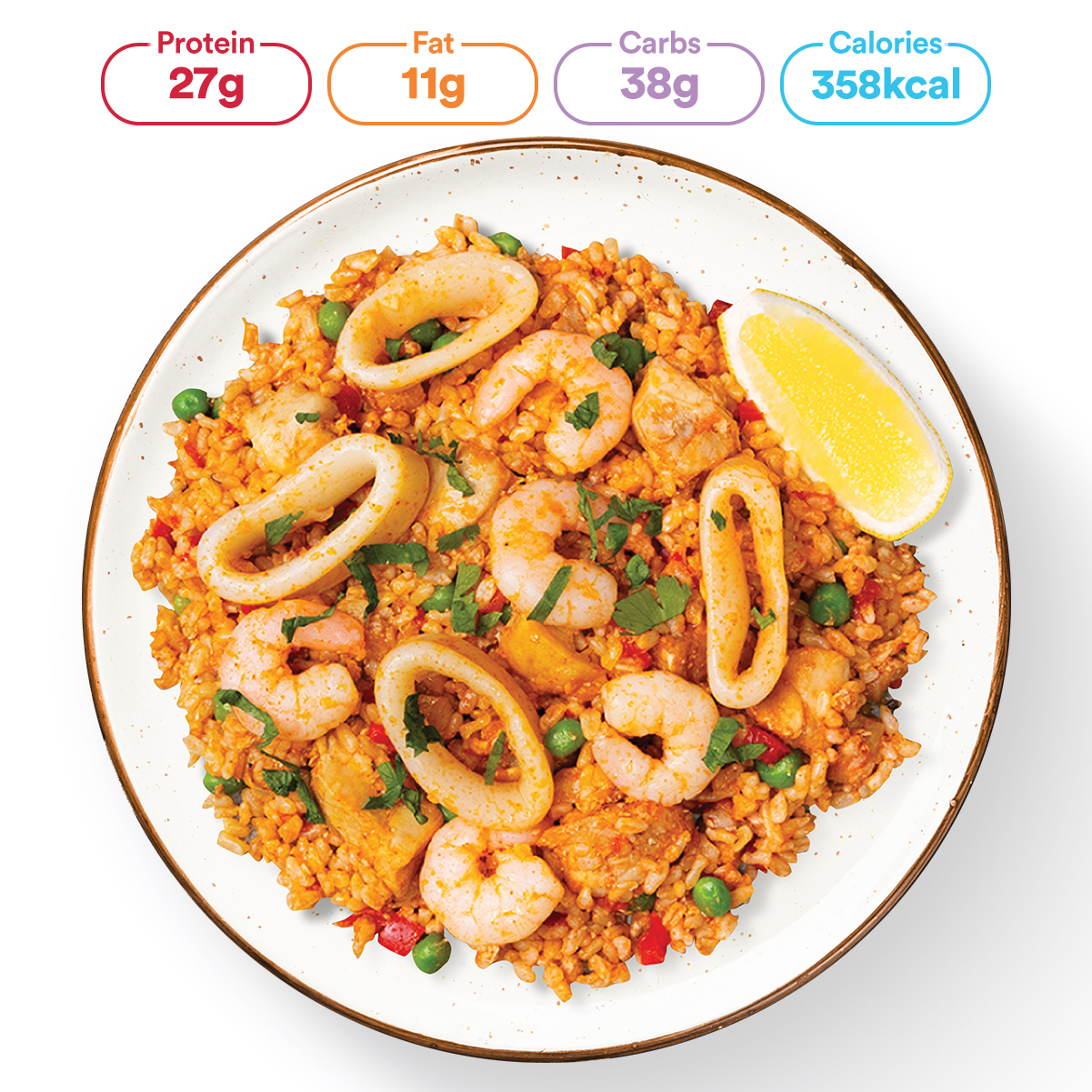 Brown Rice Chicken Paella with Prawns, Squids and Green Peas